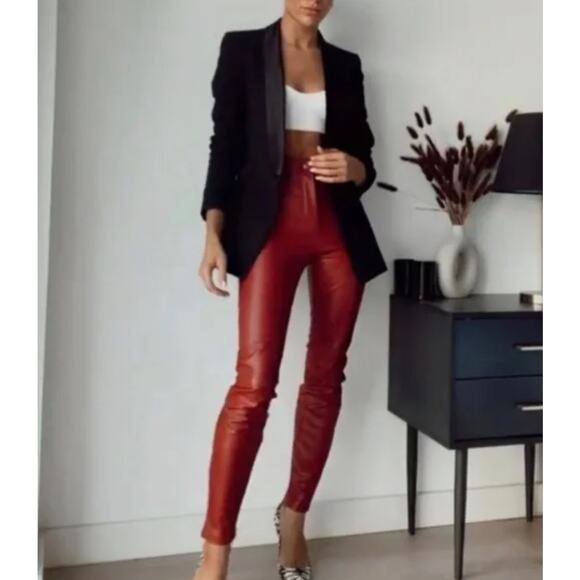 ZARA Faux Leather Leggings High Rise Ankle Zip Pants Red, Bloggers Fav Burgundy - Picture 2 of 13